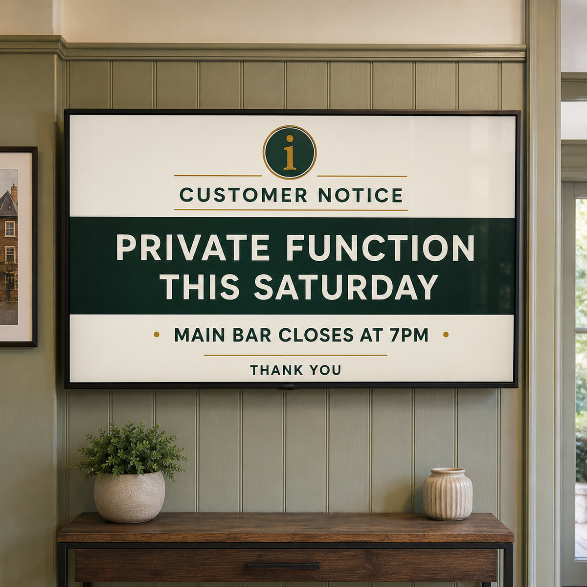 TV displaying a customer notice in a pub