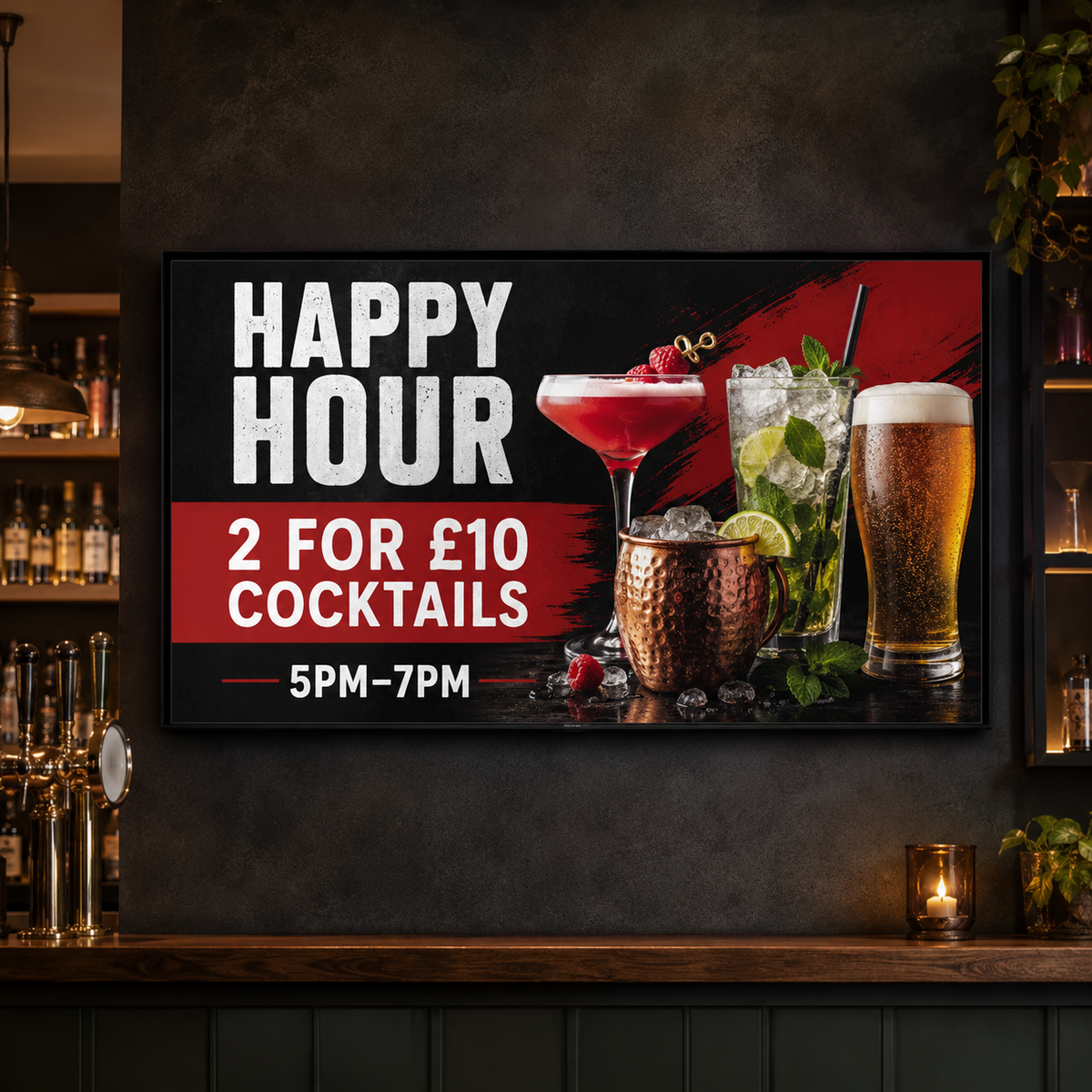 TV displaying a drinks promotion in a pub