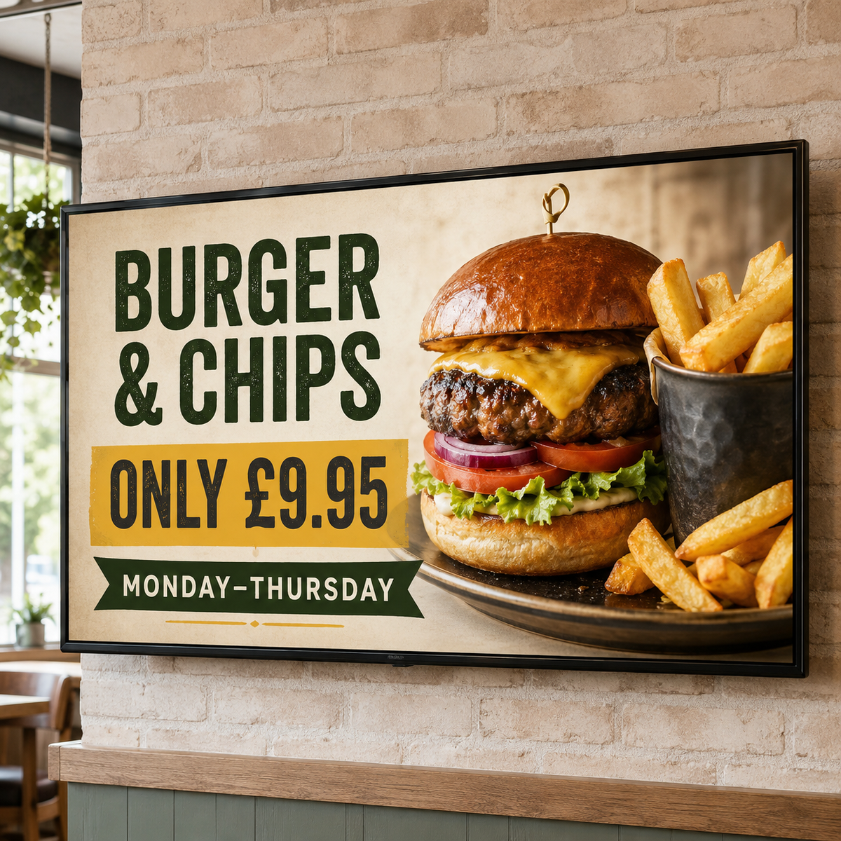 TV displaying a burger and chips food offer